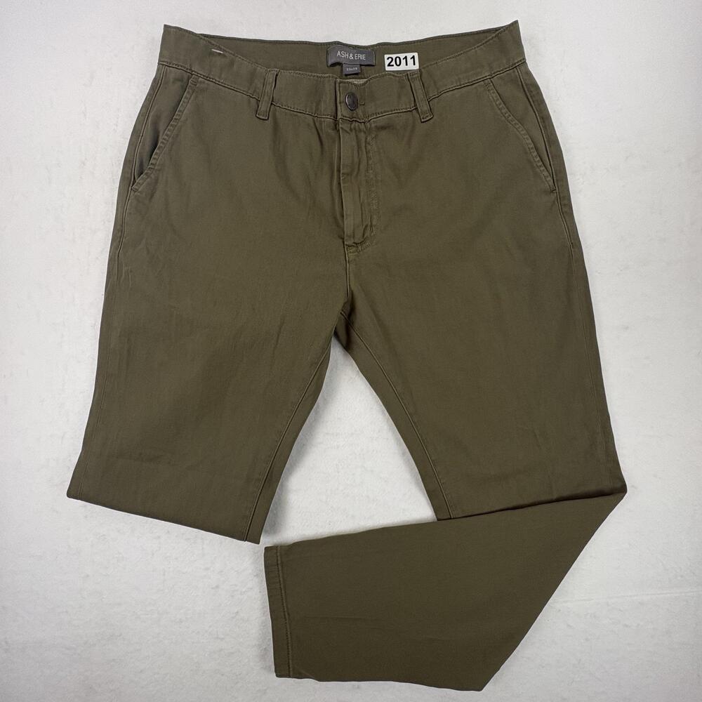 Ash & Erie Mens 32x28 Chino Pants Olive Green Stretch Slim Casual Short